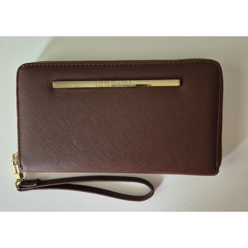 Steve Madden Brown Zip Around Wristlet Wallet Organizer Gold Hardware